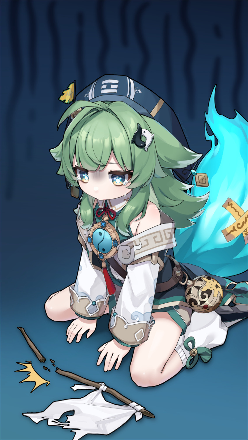 1girl, absurdres, ahoge, animal_ear_piercing, animal_ears, aqua_shirt, arms_between_legs, bare_shoulders