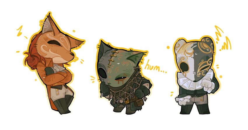 1girl, 2boys, black_cat_(lies_of_p), black_gloves, brown_hair, character_request, chibi, fox_mask, gloves, highres, leaning_back, lies_of_p, long_sleeves, looking_at_viewer, mask, multiple_boys, red_fox_(lies_of_p), simple_background, standing, white_background, ya_ya_(jiling651)