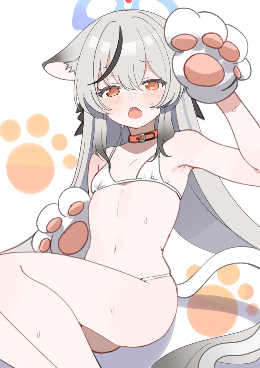 1girl, absurdres, animal_ear_fluff, animal_ears, animal_hands, bikini, black_hair, blue_archive