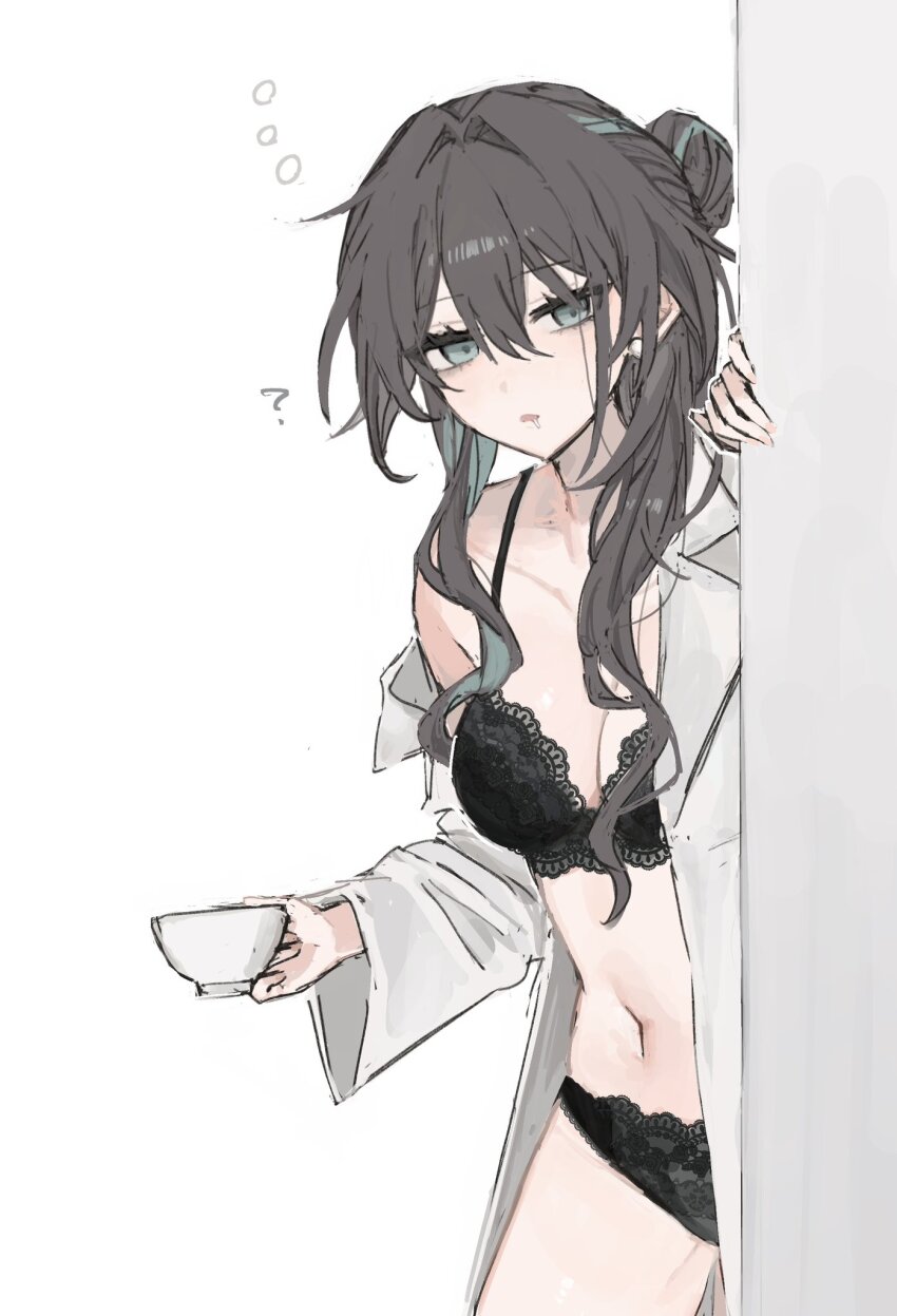 1girl, ?, aqua_eyes, aqua_hair, black_bra, black_hair, black_panties, bra