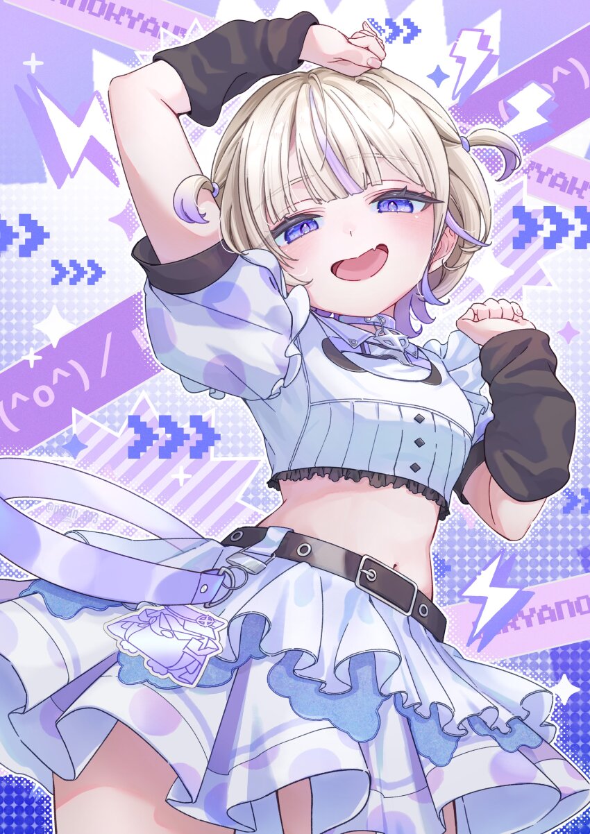 1girl, absurdres, arm_up, blonde_hair, character_name, copyright_name, crop_top, highres