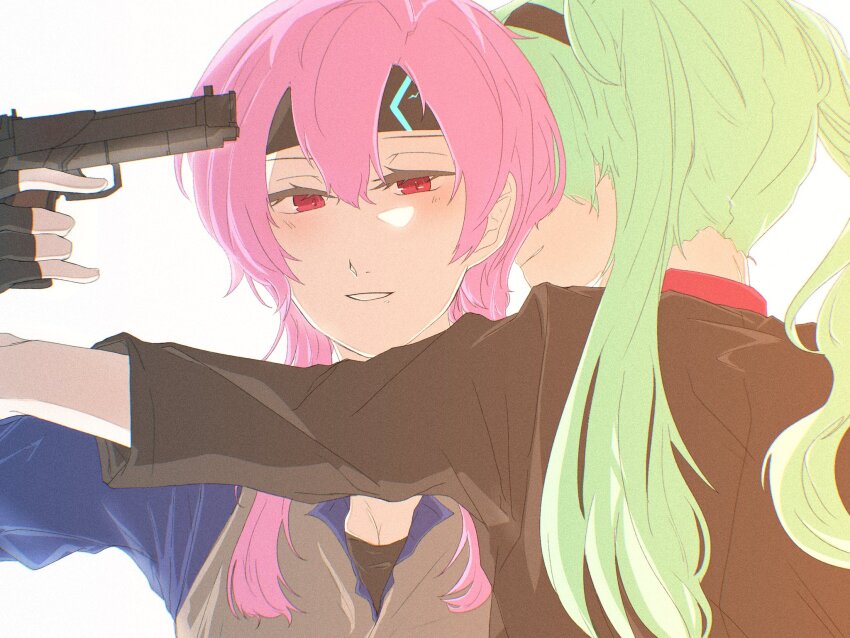 2girls, black_gloves, breasts, cleavage, gloves, green_hair, gun, gun_to_head