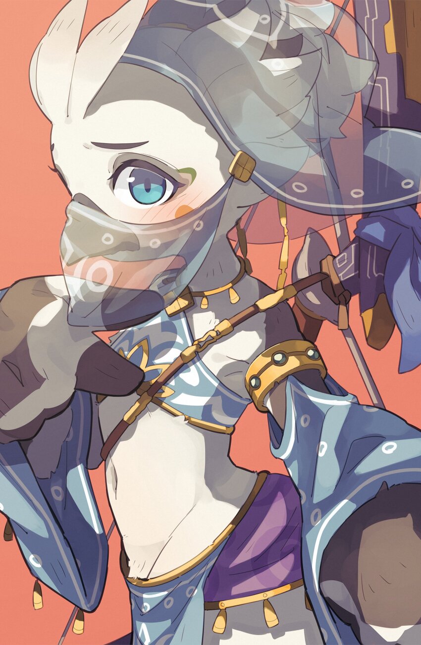 1boy, aaarkgkaaa, absurdres, alternate_costume, beak, bird_boy, blue_eyes, blush, bow_(weapon), crossdressing, crossdressing_(mtf), detached_sleeves, gerudo_set_(zelda), highres, mouth_veil, navel, nintendo, rito, simple_background, solo, stomach, the_legend_of_zelda, the_legend_of_zelda:_tears_of_the_kingdom, trap, tulin_(zelda), veil, weapon, weapon_on_back, wide_sleeves, winged_arms, wings