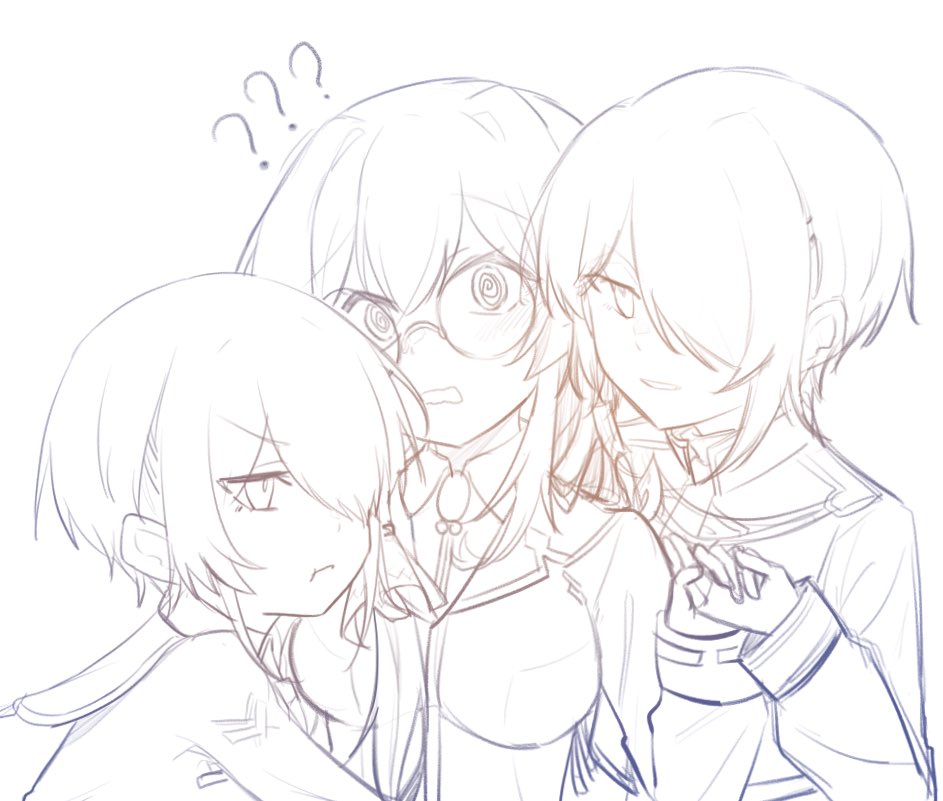 3girls, ?, ??, girl_sandwich, glasses, hair_ornament, hair_over_one_eye, hair_over_shoulder