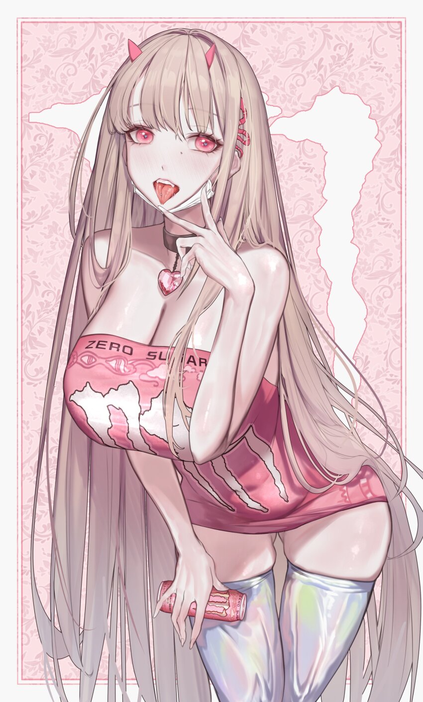 1girl, absurdres, breasts, can, choker, dress, drink_can, energy_drink