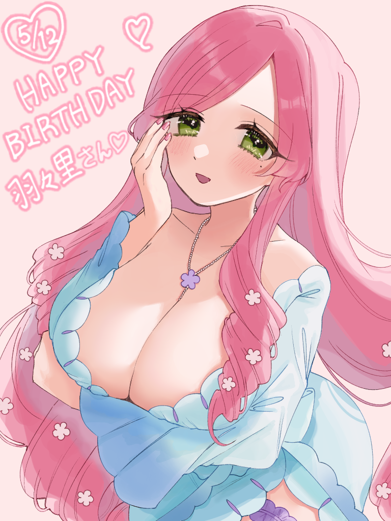 1girl, :d, arm_under_breasts, awahuji_miyuki, blush, breasts, character_name, cleavage, collarbone, commentary_request, dated, dress, eyes_visible_through_hair, female_focus, flower, green_eyes, hair_flower, hair_ornament, hanazono_hahari, hand_on_own_cheek, hand_on_own_face, happy_birthday, heart, huge_breasts, jewelry, kimi_no_koto_ga_dai_dai_dai_dai_daisuki_na_100-nin_no_kanojo, leaning_forward, long_hair, long_sleeves, looking_at_viewer, mature_female, mole, mole_under_eye, necklace, open_mouth, parted_bangs, pendant, pink_background, pink_hair, simple_background, smile, solo, very_long_hair, white_dress, wide_sleeves