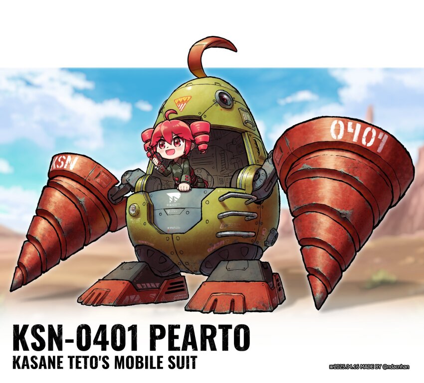 1girl, ahoge, black_shirt, black_skirt, blue_sky, blush, border, bread, chair, chibi, chibi_only, cloud, cup, day, drill, drill_hair, food, hair_between_eyes, highres, holding, holding_walkie-talkie, kasane_teto, kasane_teto_(voicepeak), letterboxed, lever, long_sleeves, mesa, mobile_suit, ndacnhan, open_mouth, outdoors, pearto, red_eyes, red_hair, red_skirt, shadow, shirt, simple_background, skirt, sky, solo, sound_wave, twin_drills, utau, voicepeak, walkie-talkie, white_background, white_border