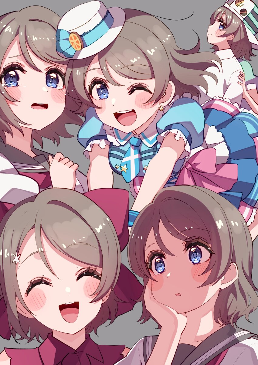 1girl, absurdres, birthday, blue_eyes, blush, commentary, cream_(nipakupa), earrings, grey_background, grey_hair, hat, highres, jewelry, kimi_no_kokoro_wa_kagayaiteru_kai?, looking_at_viewer, love_live!, love_live!_sunshine!!, multiple_views, school_uniform, short_hair, uranohoshi_school_uniform, watanabe_you, yume_de_yozora_wo_terashitai