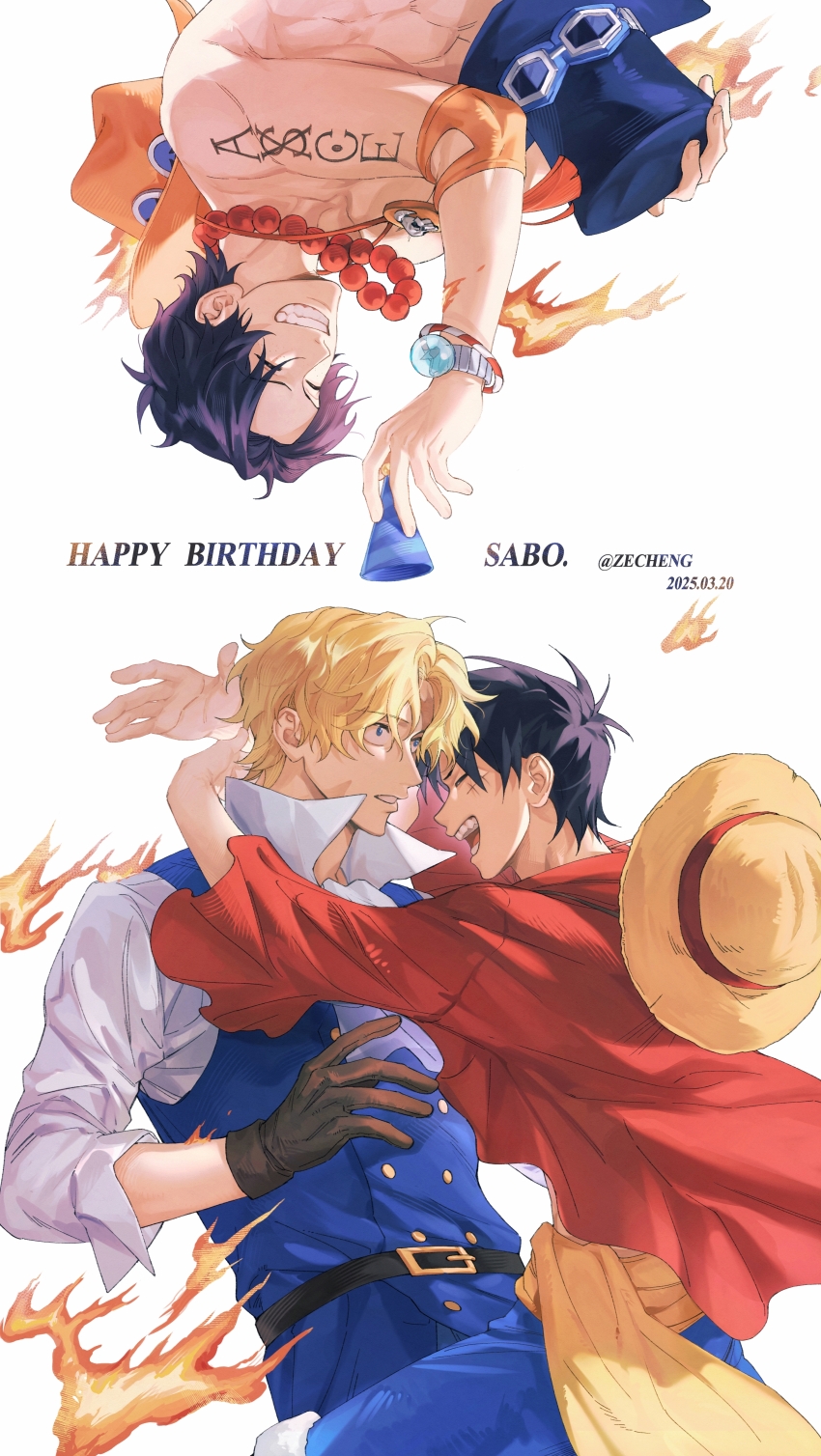 2025, 3boys, absurdres, arm_tattoo, arms_around_neck, ascot, bead_necklace, beads