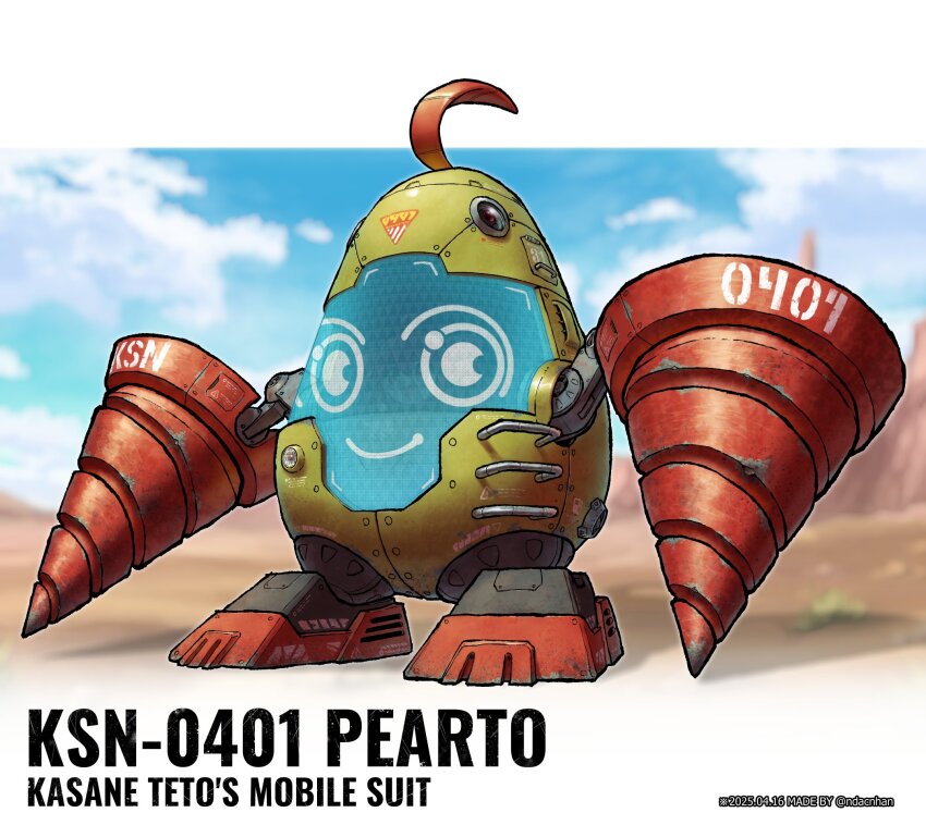 ahoge, blue_sky, cloud, day, drill, highres, kasane_teto, looking_at_viewer, mecha, mecha_focus, mesa, mobile_suit, ndacnhan, no_humans, outdoors, pearto, robot, sky, smile, utau