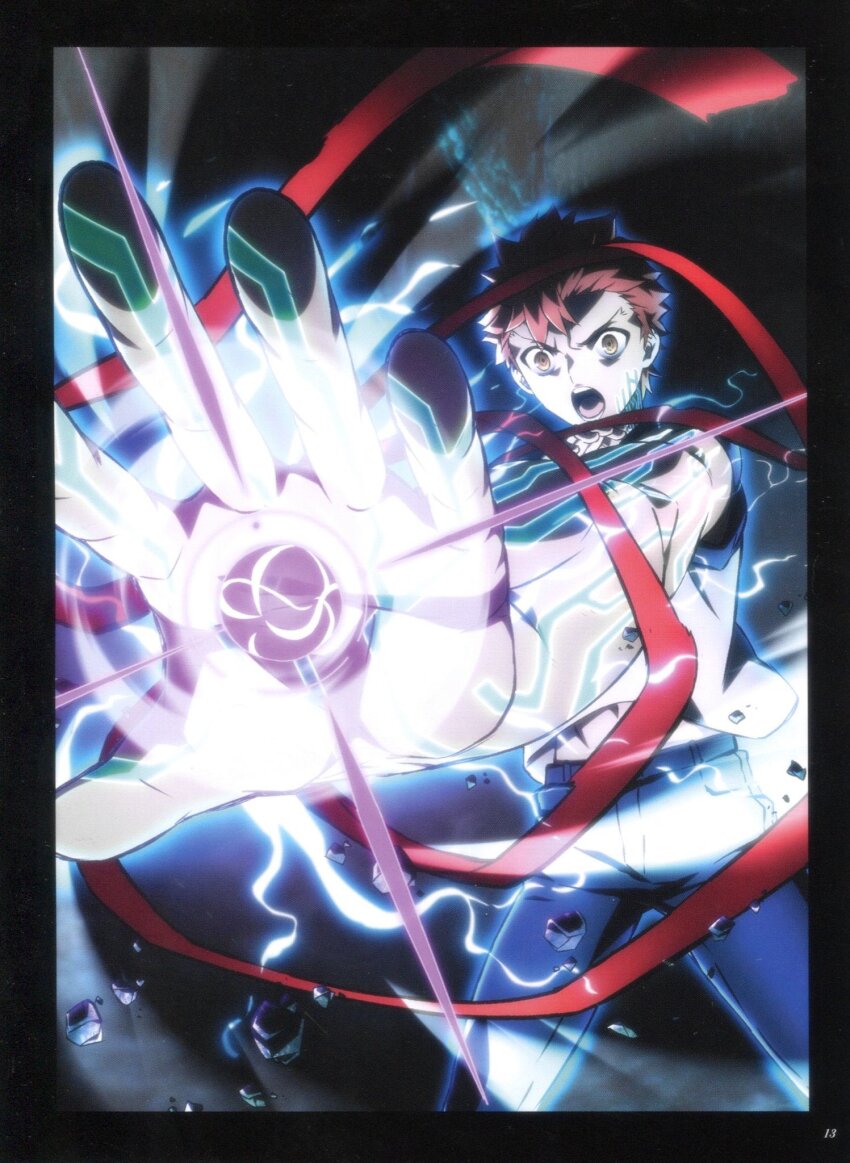 1boy, bandaged_arm, bandages, brown_eyes, emiya_shirou, fate/stay_night, fate_(series), fighting_stance, heaven's_feel, highres, magic, magic_circuit, male_focus, mry_2004, red_hair, rho_aias, sleeveless, solo