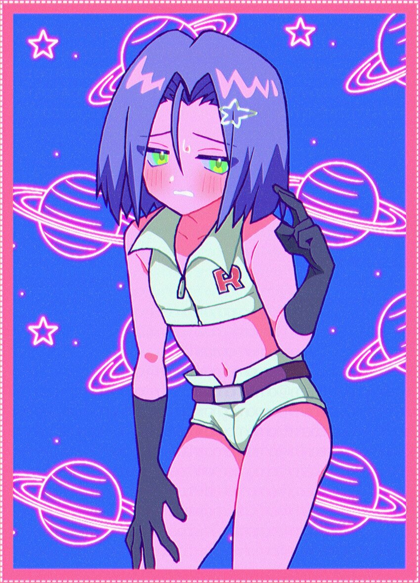 1boy, belt, black_gloves, blue_background, blue_hair, blush, crop_top, crossdressing, crossdressing_(mtf), embarrassed, gloves, green_eyes, highres, james_(pokemon), looking_at_viewer, macchiromomomo, nintendo, planet, pokemon, pokemon_(anime), pokemon_(classic_anime), purple_belt, shorts, solo, solo_focus, sweatdrop, team_rocket, trap