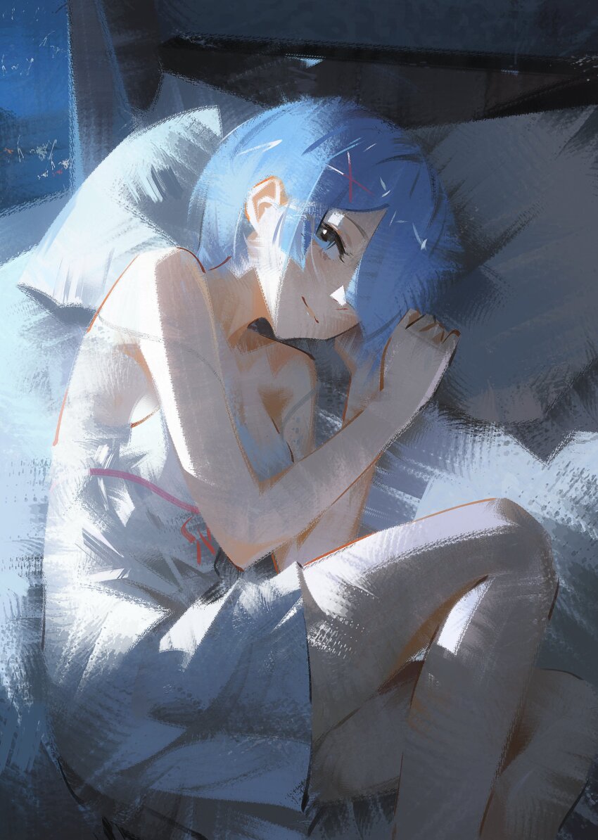 1girl, absurdres, bare_shoulders, bed, blue_eyes, blue_hair, chemise, closed_mouth