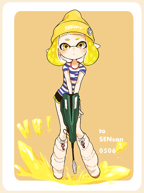 1girl, beanie, black_shorts, blonde_hair, blue_shirt, boots, breast_pocket, closed_mouth