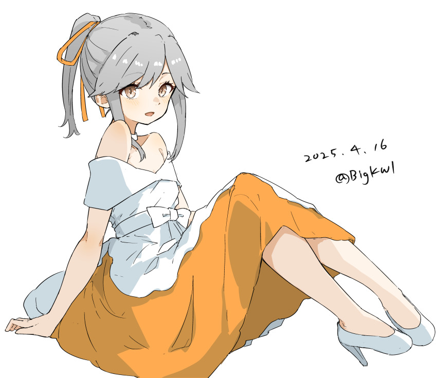 1girl, absurdres, bigkwl, brown_eyes, dated, dress, full_body, grey_hair, hair_ribbon, highres, kantai_collection, layered_dress, long_hair, one-hour_drawing_challenge, orange_ribbon, ponytail, ribbon, simple_background, sitting, solo, twitter_username, two-tone_dress, usugumo_(anniversary)_(kancolle), usugumo_(kancolle), white_background, white_dress
