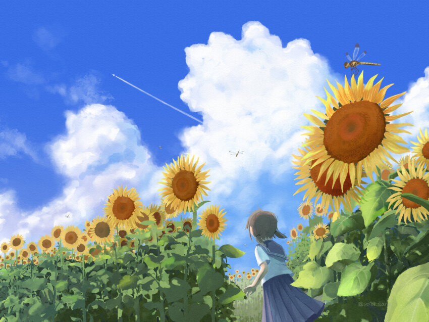 1girl, blue_sailor_collar, blue_skirt, blue_sky, brown_hair, bug, cloud, commentary_request