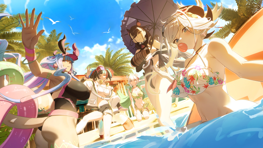 5girls, absurdres, armlet, ass, bare_shoulders, beach, belt, bikini