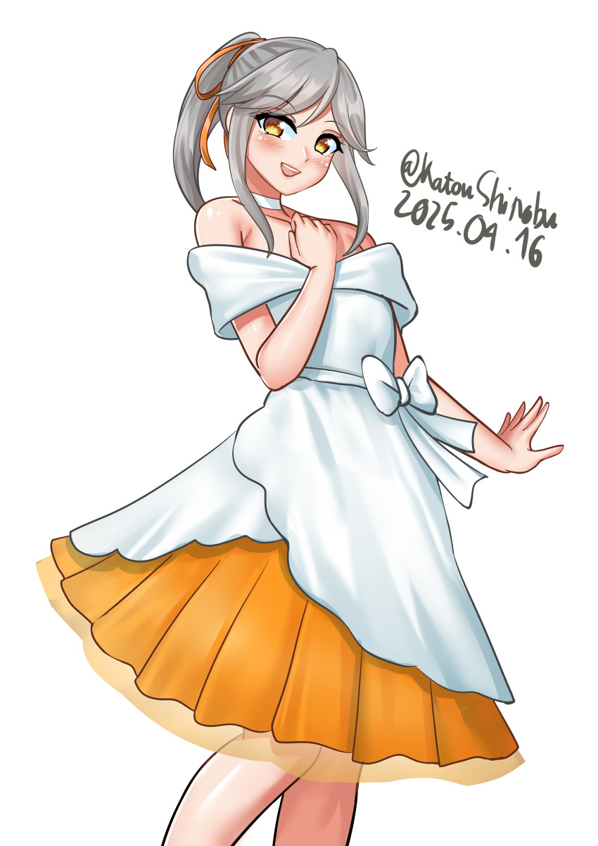 1girl, absurdres, brown_eyes, commentary, dated, dress, english_commentary, evening_gown