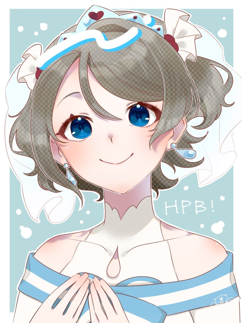 1girl, above-cleavage_cutout, air_bubble, bare_shoulders, blue_eyes, blush, bow, breasts, brown_hair, bubble, clothing_cutout, crown, earrings, english_text, frills, grey_hair, hands_up, highres, jewelry, koi_ni_naritai_aquarium, looking_at_viewer, love_live!, love_live!_sunshine!!, rakko_no_yu_uyu, short_hair, simple_background, smile, tiara, watanabe_you, wavy_hair