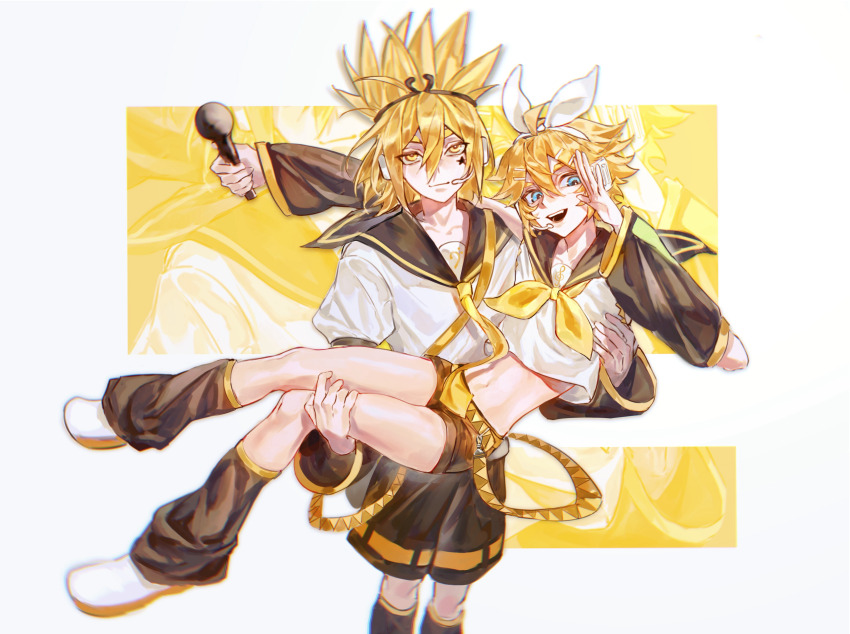 2boys, absurdres, aotu_world, belt, black_hairband, black_leg_warmers, black_sailor_collar, black_shorts, black_sleeves, blonde_hair, blue_eyes, bow, carrying, chinese_commentary, cosplay, crop_top, crossover, detached_sleeves, facial_mark, godrose_(aotu_world), grin, hair_between_eyes, hair_bow, hair_ornament, hairband, hairclip, headphones, headset, highres, holding, holding_microphone, junge914, kagamine_len, kagamine_len_(cosplay), kagamine_rin, kagamine_rin_(cosplay), king_(aotu_world), leg_warmers, looking_at_viewer, male_focus, microphone, midriff, multiple_boys, navel, neckerchief, necktie, open_mouth, princess_carry, ribbon, sailor_collar, shirt, shoes, short_hair, short_shorts, short_sleeves, shorts, smile, socks, spiked_hair, tattoo, white_bow, white_shirt, white_shoes, yaoi, yellow_eyes, yellow_neckerchief, yellow_necktie, zoom_layer