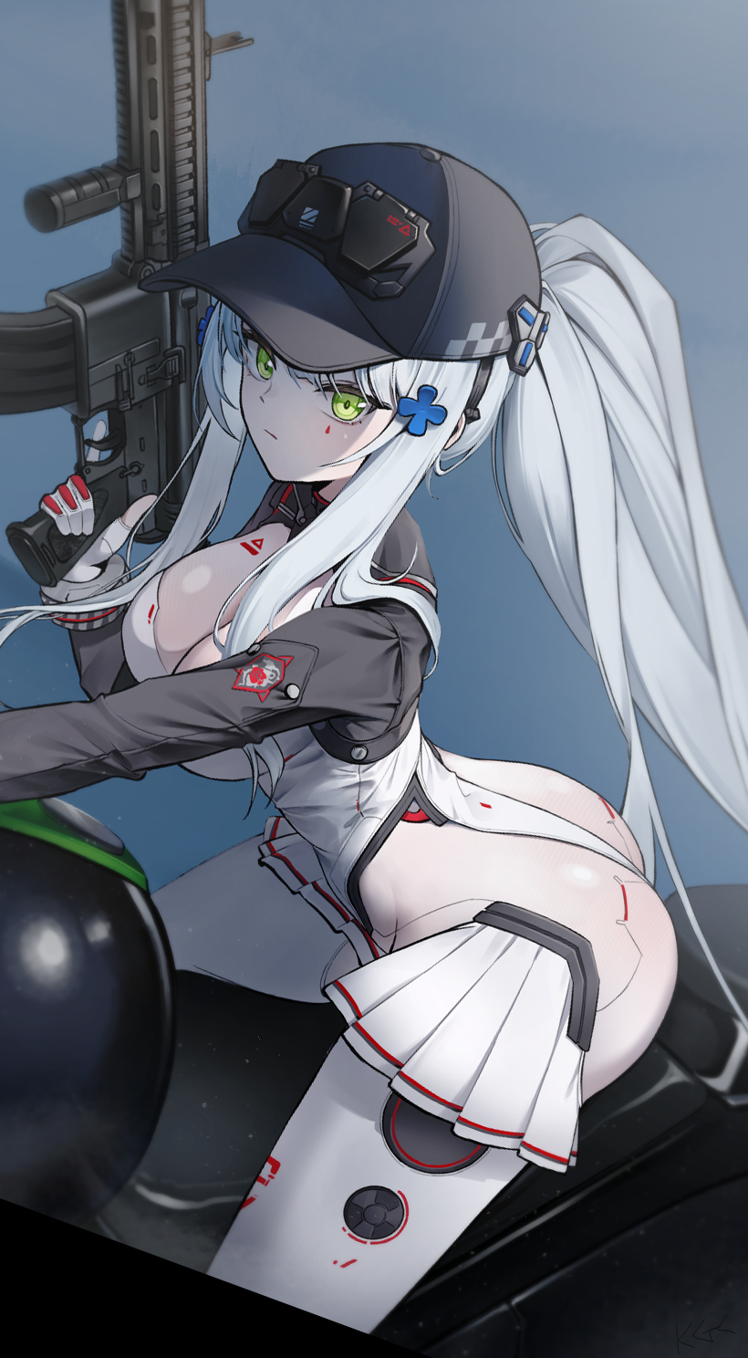 1girl, ass, assault_rifle, baseball_cap, black_bodysuit, black_hat, blue_hair, bodysuit