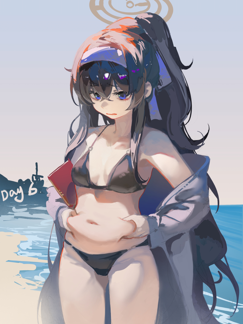 1girl, absurdres, beach, belly, bikini, black_bikini, black_hair, blue_archive, blue_eyes, breasts, brown_halo, coat, coat_partially_removed, commentary_request, cowboy_shot, crossed_bangs, english_text, grey_coat, halo, halterneck, highres, jiuxiaoshi, long_hair, looking_down, navel, o-ring, o-ring_bikini, ocean, official_alternate_costume, outdoors, pinching_own_belly, plump, ponytail, small_breasts, solo, swimsuit, ui_(blue_archive), ui_(swimsuit)_(blue_archive), very_long_hair