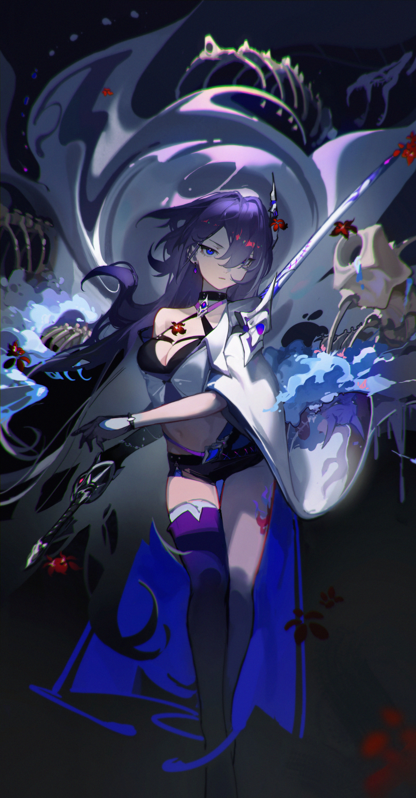 1girl, absurdres, acheron_(honkai:_star_rail), asymmetrical_footwear, black_choker, black_gloves, black_shorts, bone