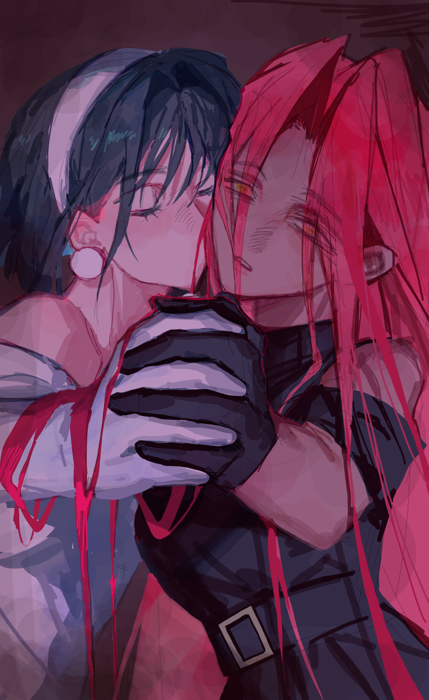 2girls, absurdres, alien_stage, black_dress, black_gloves, black_hair, brown_background, closed_eyes