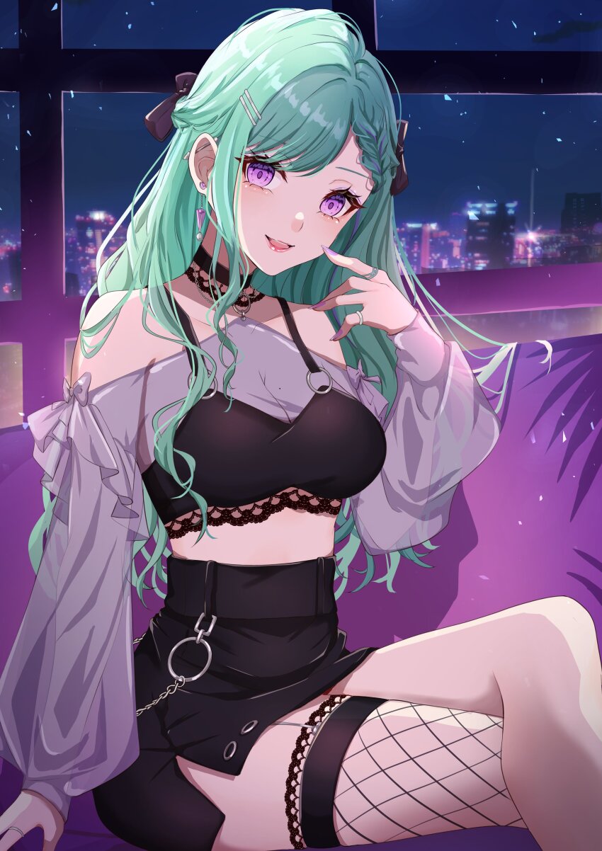 1girl, absurdres, alternate_costume, black_skirt, bow, bra_over_clothes, braid, braided_bangs