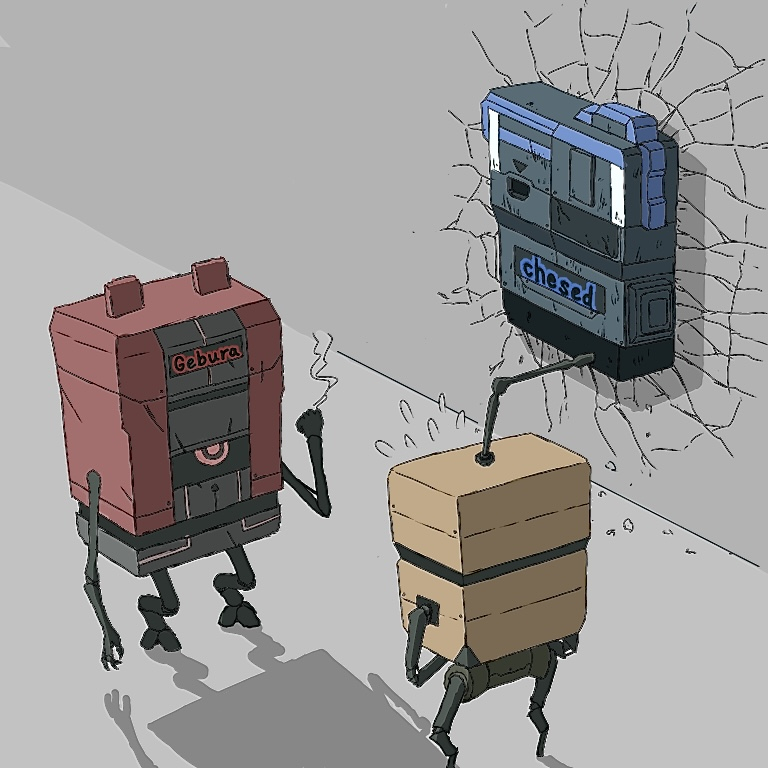 chesed_(project_moon), cigarette, crack, cracked_wall, duxptolw8n96491, gebura_(project_moon), hod_(project_moon), holding, holding_cigarette, indoors, lobotomy_corporation, no_humans, non-humanoid_robot, project_moon, robot