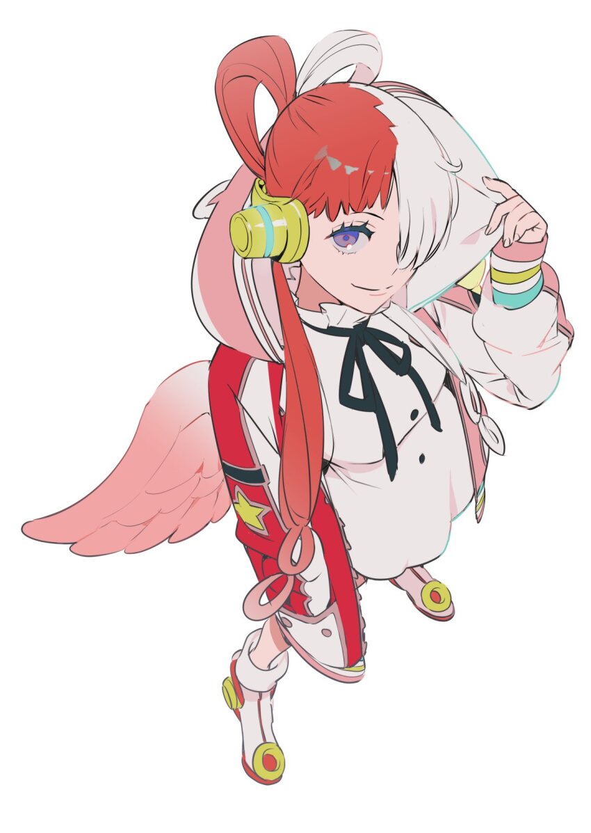 1girl, commentary_request, from_above, hair_over_one_eye, headphones, highres, hood, hooded_jacket