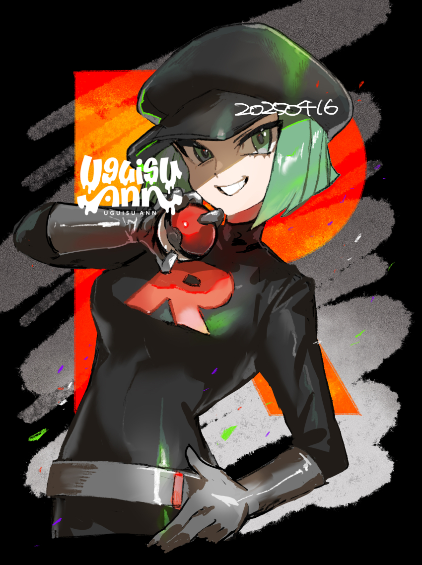 1girl, belt, black_dress, black_hat, commentary_request, dated, dress, gloves, green_eyes, green_hair, grey_belt, grey_gloves, grin, hand_on_own_hip, hand_up, hat, highres, holding, holding_poke_ball, logo, looking_at_viewer, nintendo, poke_ball, poke_ball_(basic), pokemon, pokemon_firered_and_leafgreen, short_hair, smile, solo, team_rocket, team_rocket_grunt, team_rocket_uniform, teeth, uguisu_ann