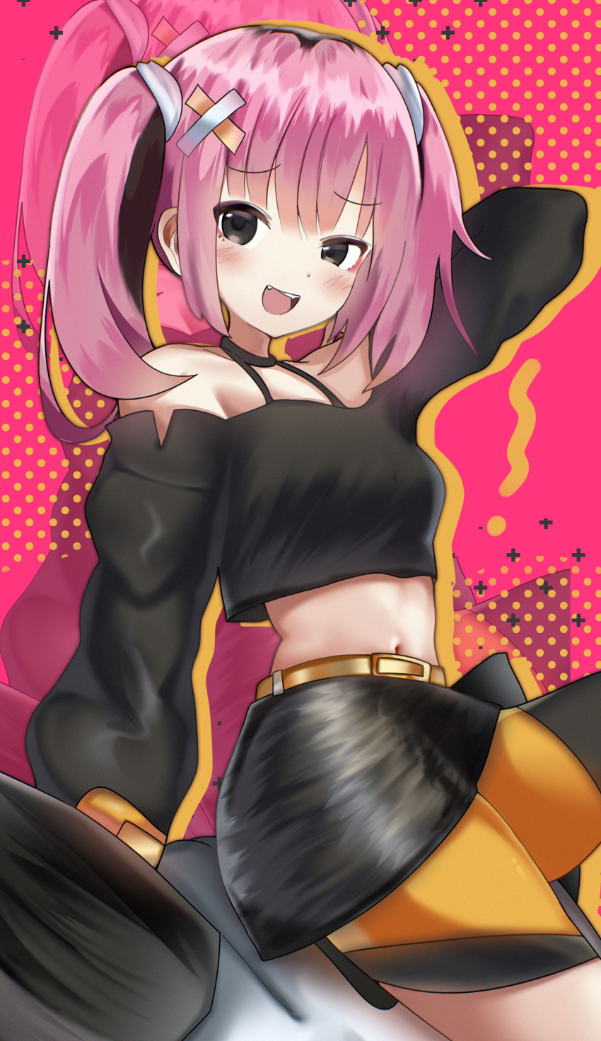 1girl, :d, absurdres, bare_shoulders, belt, blush, commentary_request, coral_(pokemon), cropped_shirt, gen_3_pokemon, glalie, hand_up, highres, looking_at_viewer, navel, nintendo, off-shoulder_shirt, off_shoulder, open_mouth, pink_background, pink_hair, pokemon, pokemon_(anime), pokemon_(creature), pokemon_horizons, shirt, skirt, smile, teeth, tongue, twintails, upper_teeth_only, yakitori_(yak1t0ri), yellow_belt