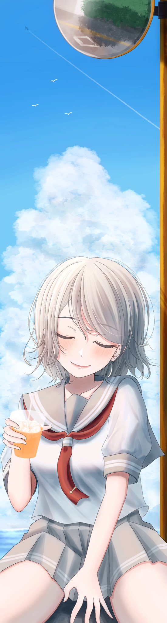 1girl, aircraft, airplane, between_legs, bird, blue_sky, blush, brown_hair