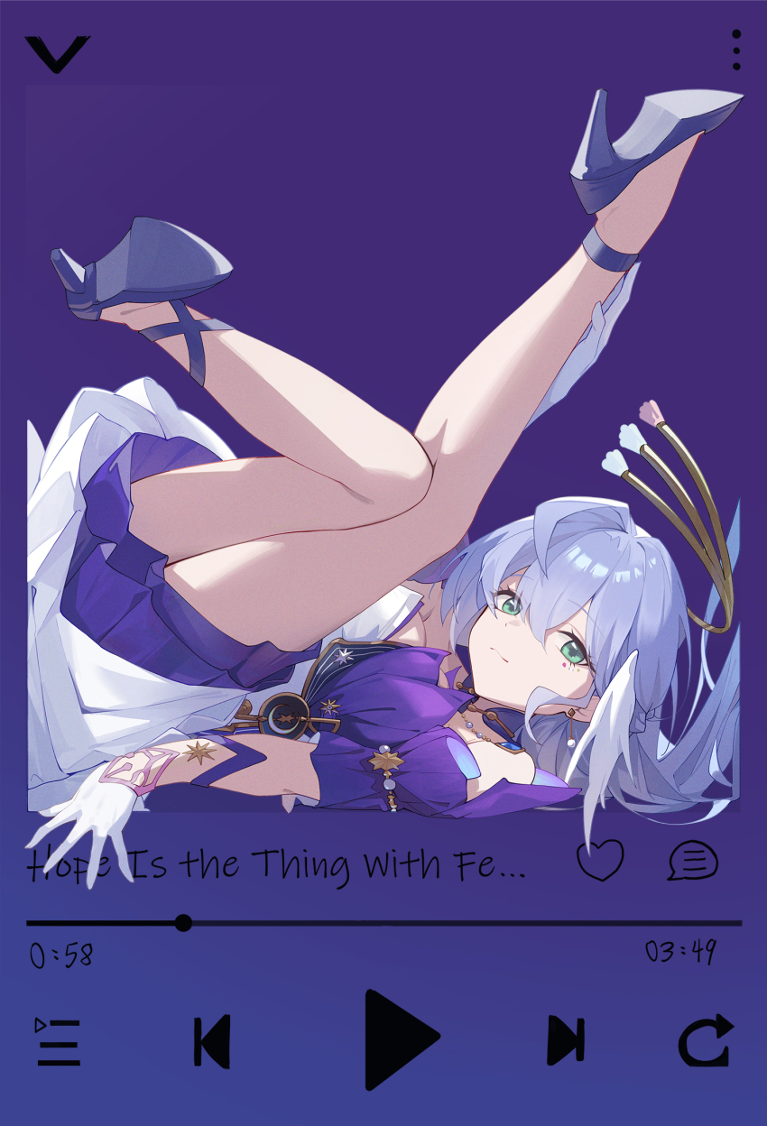 1girl, ahoge, blue_hair, closed_mouth, commentary_request, detached_sleeves, dress, encasement, fake_phone_screenshot, fake_screenshot, fast_forward_button, gloves, green_eyes, hair_between_eyes, hand_on_own_ankle, head_wings, high_heels, highres, honkai:_star_rail, honkai_(series), jewel_under_eye, legs, legs_up, long_hair, looking_at_viewer, lying, music_player, on_back, play_button, progress_bar, rewind_button, robin_(honkai:_star_rail), shoes, short_sleeves, smile, solo, sukaliya, white_dress, white_gloves, white_wings, wings