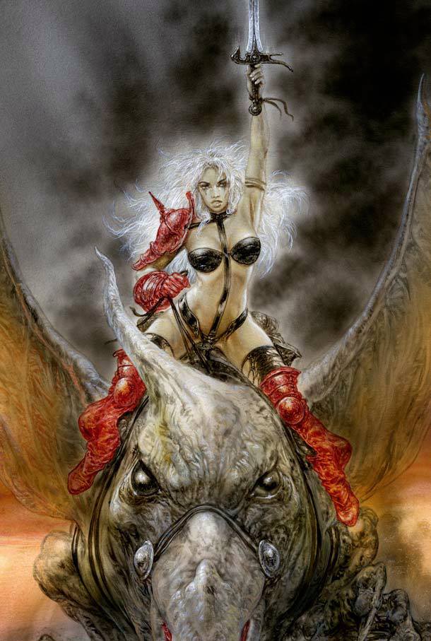 1girl, 1other, armlet, armor, armpits, black_straps, boots, character_request, collar, colored_skin, dinosaur, floating_hair, fog, full_body, gloves, hamstring, harness, heavy_metal_(magazine), jewelry, knee_guards, leather_bikini, lips, long_hair, luis_royo, nose, original, outline, pauldrons, raise_sword, red_boots, riding, shoulder_armor, single_bare_shoulder, single_glove, single_pauldron, stomach, sword, taarna_(heavy_metal), thighhighs, thighs, torn_clothes, weapon, white_hair, white_outline, white_skin, wings