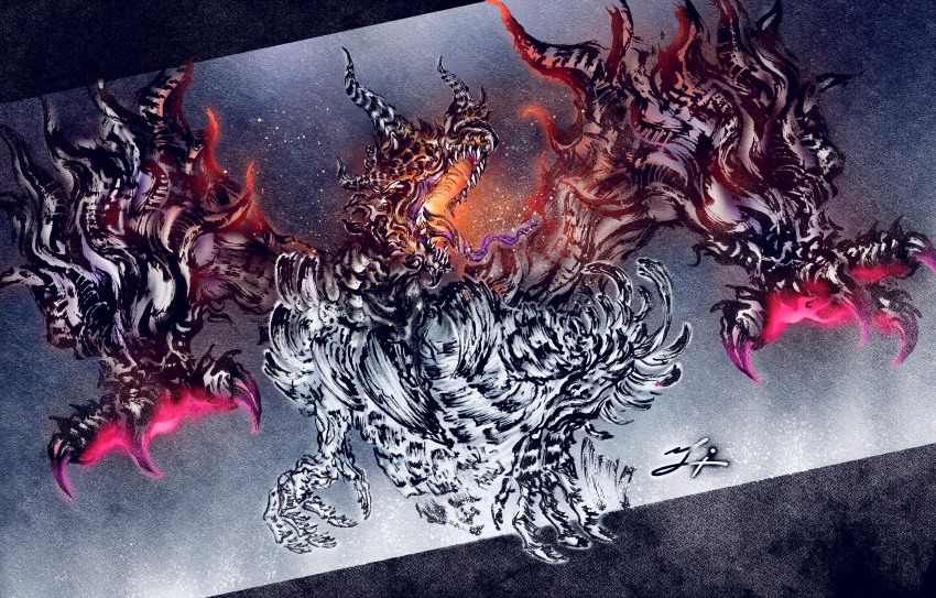 absurdres, anjanath_(monster_hunter), breath_weapon, breathing_fire, calligraphy_brush_(medium), claws, deadpool_yuchan, dragon, dragon_horns, embers, extra_arms, fire, highres, horns, long_tongue, monster, monster_focus, monster_hunter_(series), monster_hunter_wilds, multiple_horns, no_eyes, no_humans, oltura, open_mouth, signature, solo, tongue, tongue_out, winged_arms, wings, zoh_shia