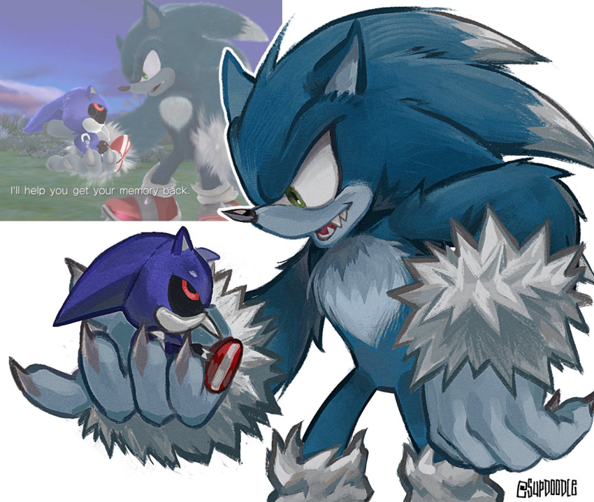 9474s0ul, artist_request, blue_fur, blue_hair, bootleg_metal_sonic_plush, carrying, carrying_person, claws, fang, fangs, game_mod, game_modding, game_screenshot_inset, green_eyes, highres, metal_sonic, monster, robot, sega, socks, sonic_(series), sonic_the_hedgehog, sonic_the_werehog, sonic_unleashed, stuffed_toy, transformation, werewolf