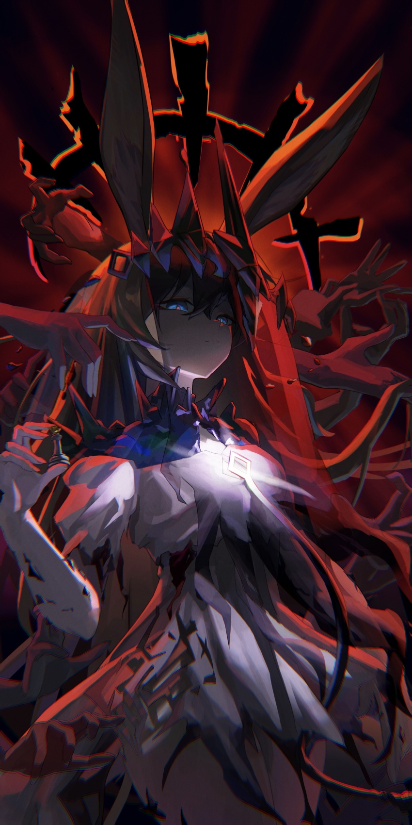 1girl, absurdres, affliction_(darkest_dungeon), amiya_(arknights), amiya_(demon_king)_(arknights), animal_ears, arknights, blue_eyes