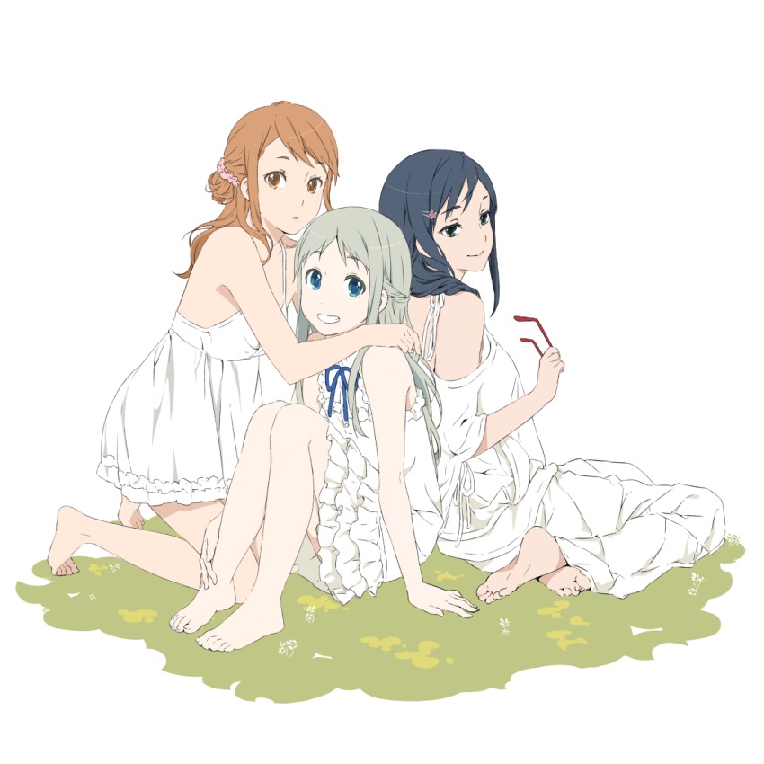 10s, 3girls, alternate_hairstyle, anjou_naruko, ano_hi_mita_hana_no_namae_wo_bokutachi_wa_mada_shiranai., arm_support, bare_shoulders, barefoot