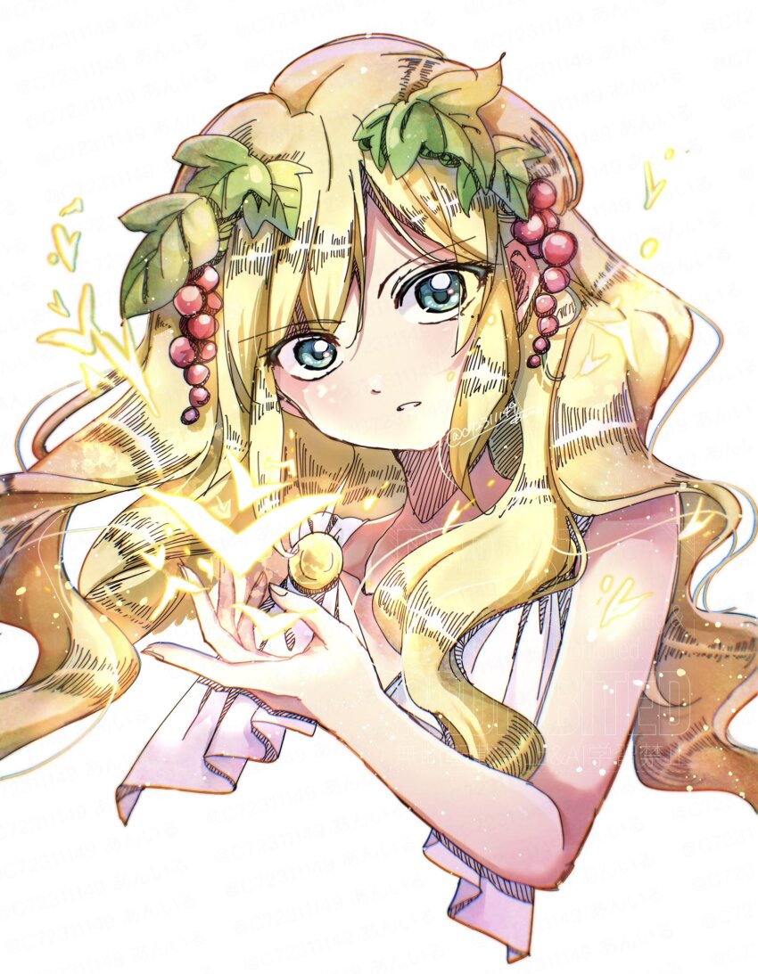 1girl, aniru, aqua_eyes, bare_arms, bare_shoulders, blonde_hair, highres, long_hair