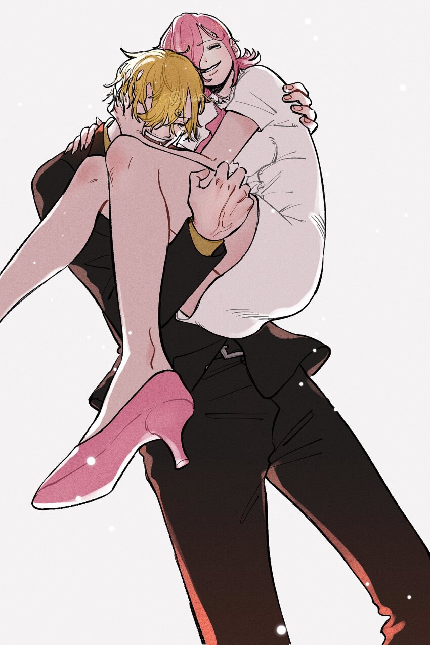 1boy, 1girl, ^_^, black_suit, blonde_hair, brother_and_sister, carrying, carrying_person