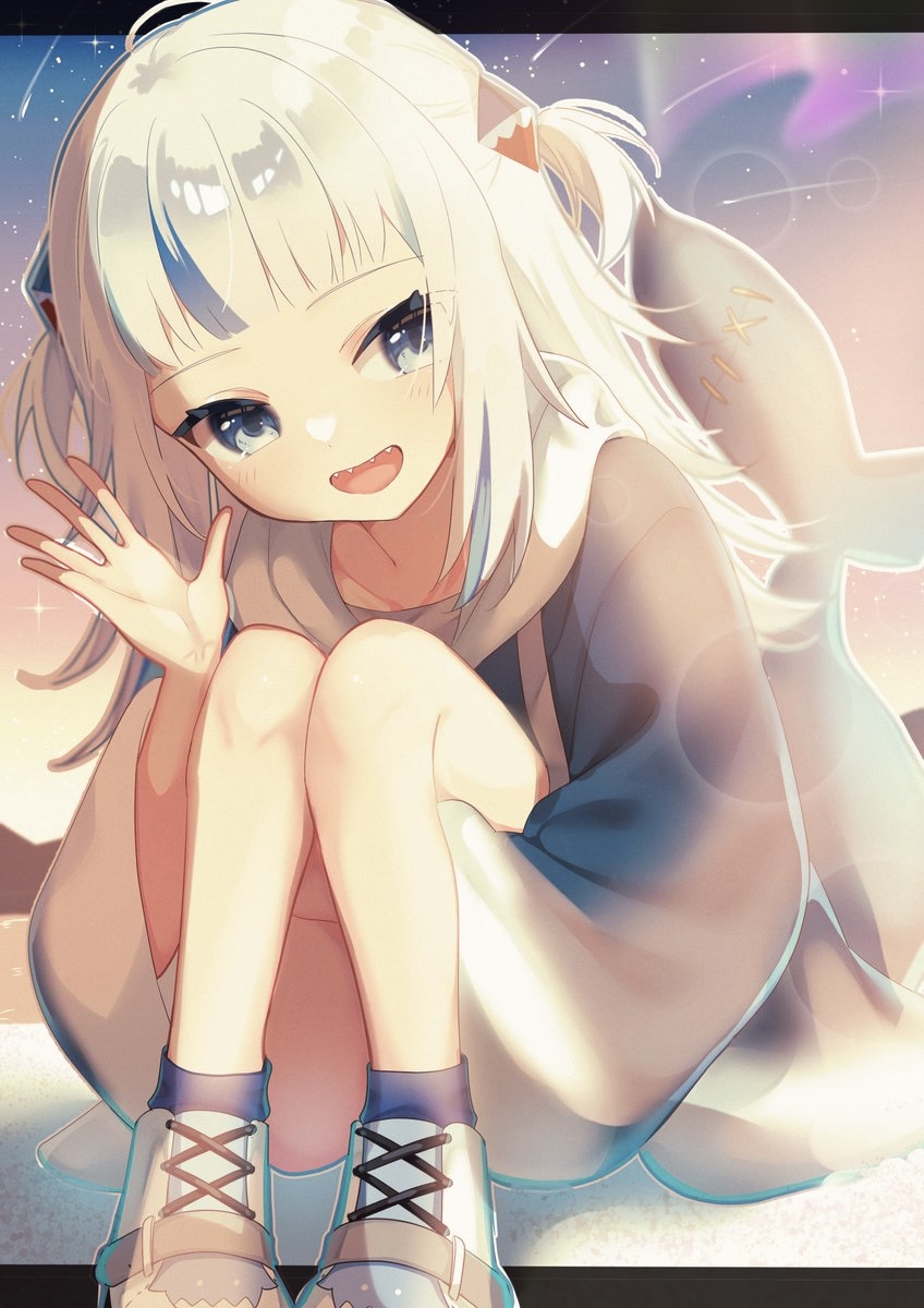 1girl, blue_eyes, blue_hair, blue_hoodie, fins, fish_tail, gawr_gura, gawr_gura_(1st_costume)