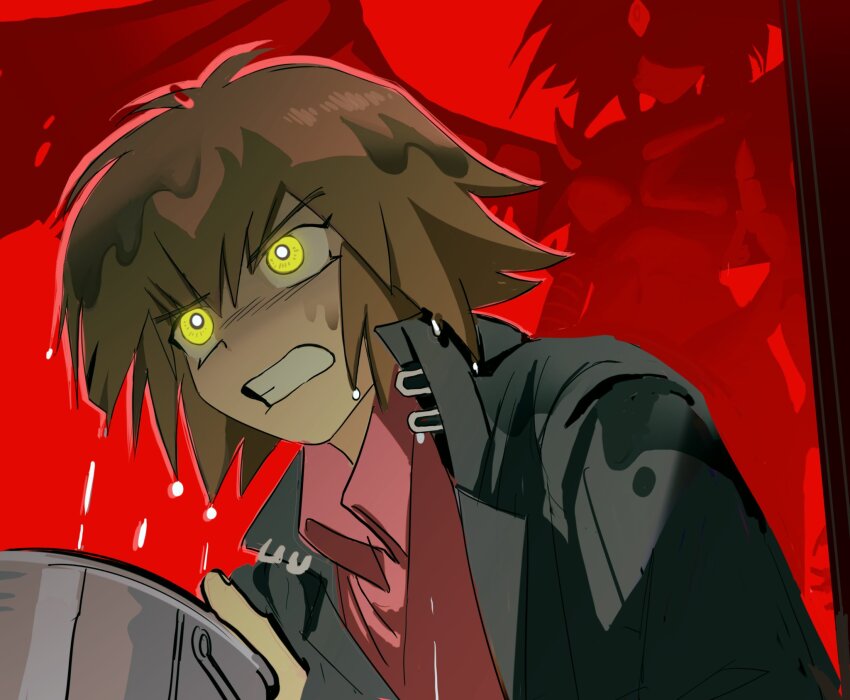 1boy, 1other, black_jacket, brown_hair, highres, jacket, male_focus, medium_hair