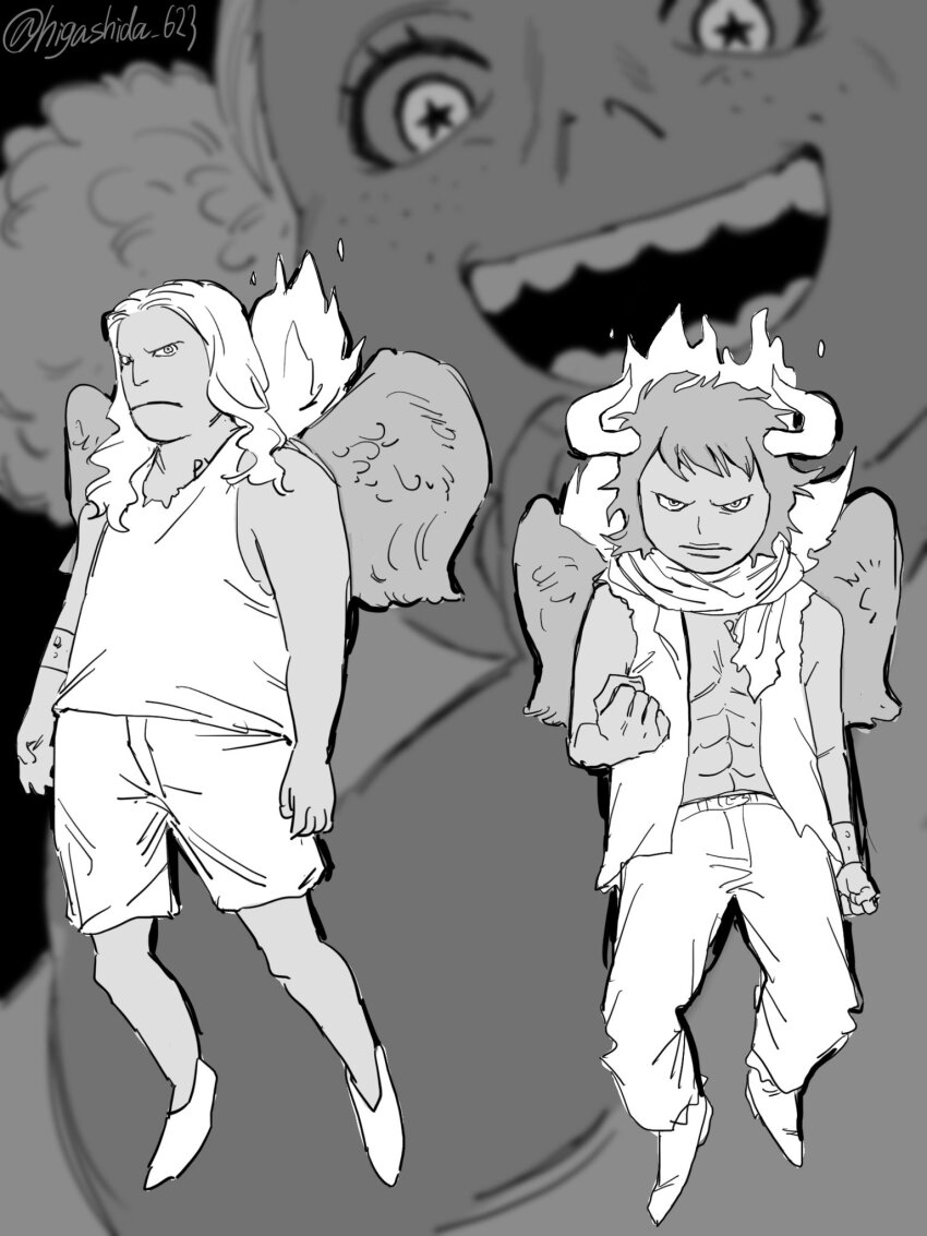 1girl, 2boys, abs, alternate_universe, clenched_hands, closed_mouth, fire, freckles