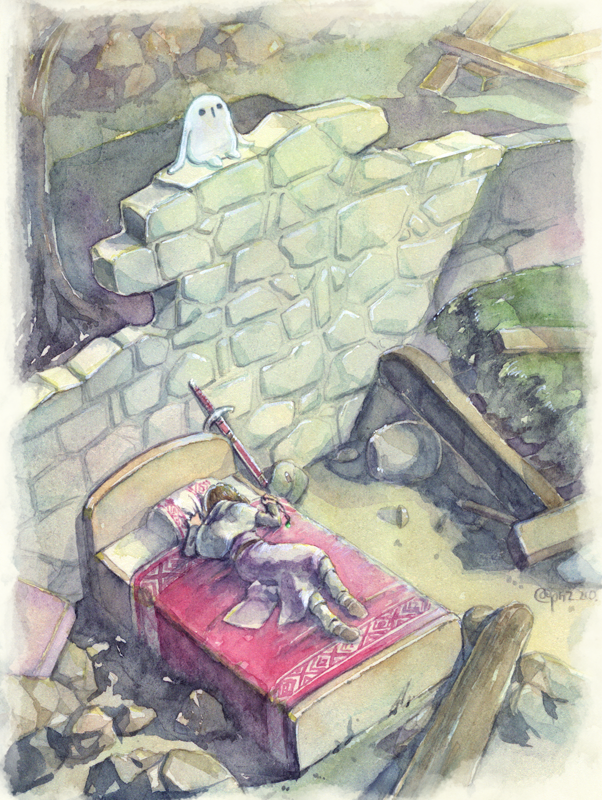 1boy, 1other, ayu_(ponzu), broken_wall, brown_hair, capelet, commentary_request, dragon_quest