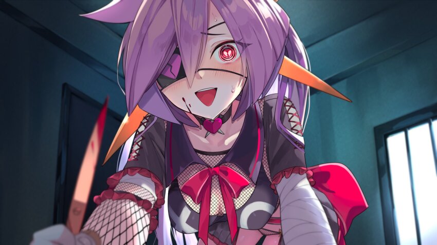 1girl, arm_wrap, black_choker, black_sailor_collar, blood, blood_on_face, blood_on_scissors, blush