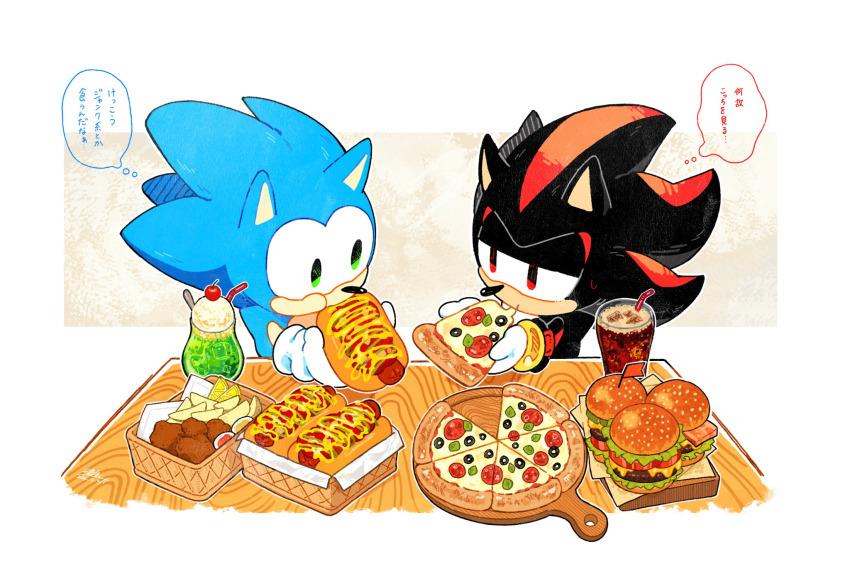 217_shion_407, 2boys, basket, black_fur, black_hair, blue_fur, blue_hair, burger, chibi, chicken_(food), chili_dog, eating, food, french_fries, fried_chicken, glass_of_soda, gloves, green_eyes, hedgehog, highres, hot_dog, ice_cream, japanese_text, multiple_boys, pizza, red_eyes, red_fur, red_hair, sega, shadow_the_hedgehog, sitting, soda, sonic_(series), sonic_the_hedgehog, spiked_hair, table