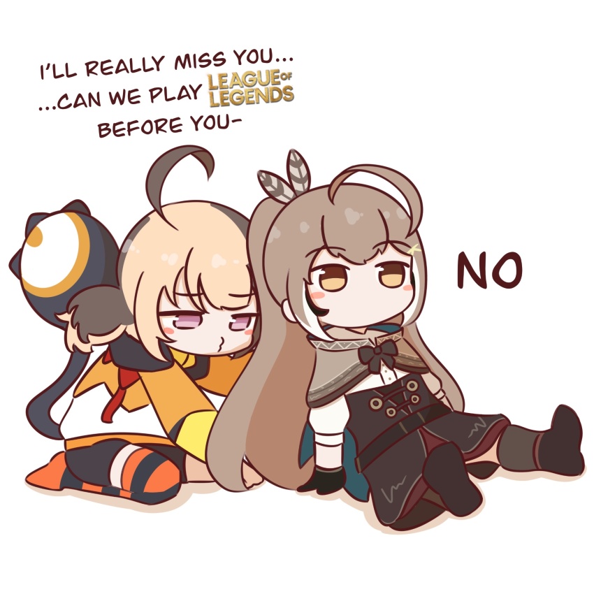 2girls, ahoge, blush_stickers, brown_eyes, brown_hair, capelet, dress, english_text