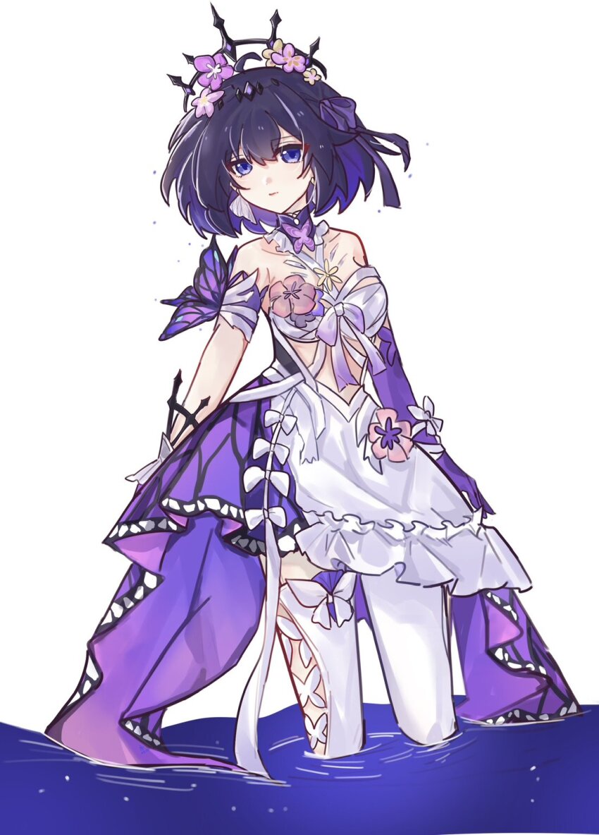 1girl, bare_shoulders, black_tiara, blue_eyes, blue_hair, bug, butterfly, castorice_(honkai:_star_rail)